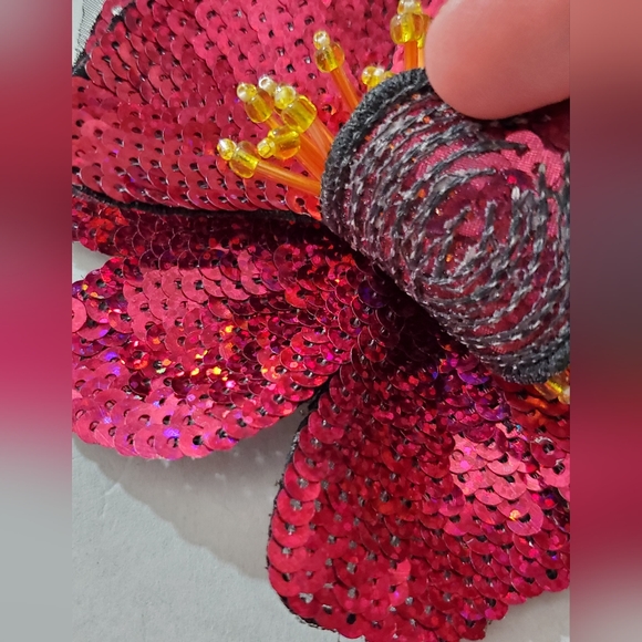 3D hibiscus beaded applique flower sew on iron on patch sequins tropical hot pnk - Picture 6 of 11